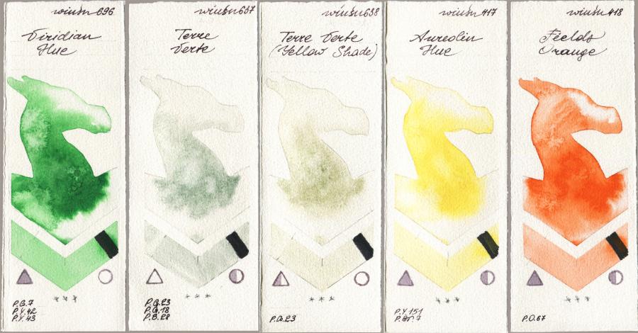 Winsor & Newton Professional 696 Viridian Hue vs 637 Terre Verte vs 638 Terre Verte (Yellow Shade) vs 417 Aureolin Hue vs 418 Fields Orange watercolor swatch