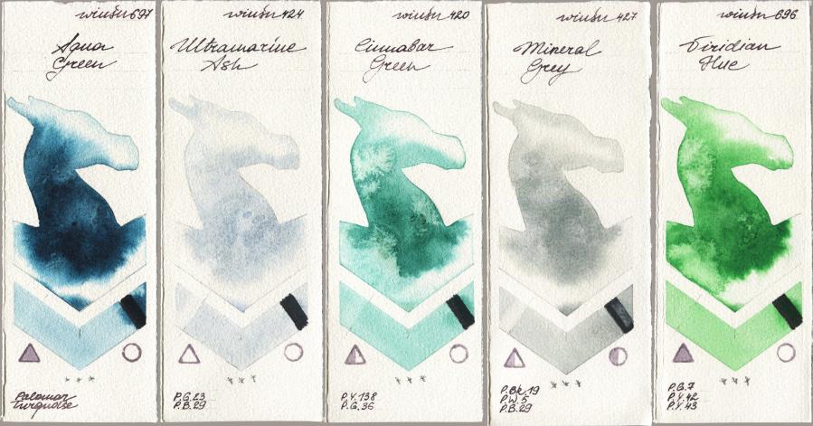 Winsor & Newton Professional 697 Aqua Green vs 424 Ultramarine Ash vs 420 Cinnabar Green vs 427 Mineral Grey vs 696 Viridian Hue watercolor swatch