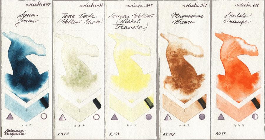 Winsor & Newton Professional 697 Aqua Green vs 638 Terre Verte (Yellow Shade) vs 347 Lemon Yellow (Nickel Titanate) vs 381 Magnesuim Brown vs 418 Fields Orange watercolor swatch