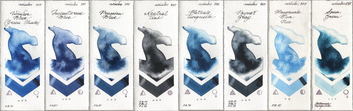 Winsor & Newton Professional 707 Winsor Blue (Green Shade), 321 Indanthrene Blue, 538 Prussian Blue, 430 Neutral Tint, 526 Phthalo Turquoise, 465 Paynes Gray, 379 Manganese Blue Hue, 697 Aqua Gre watercolor swatch