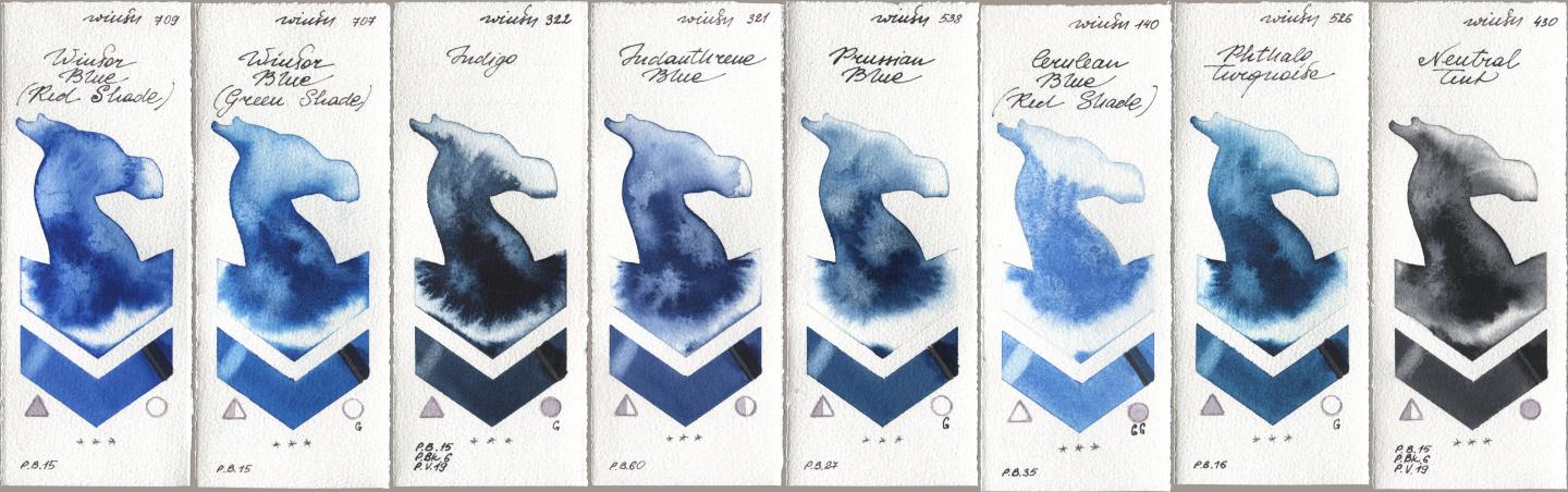 Winsor & Newton Professional 709 Winsor Blue (Red Shade), 707 Winsor Blue (Green Shade), 322 Indigo, 321 Indanthrene Blue, 538 Prussian Blue, 140 Cerulean Blue (Red Shade), 526 Phthalo Turquoise, 430 Neutral Ti watercolor swatch
