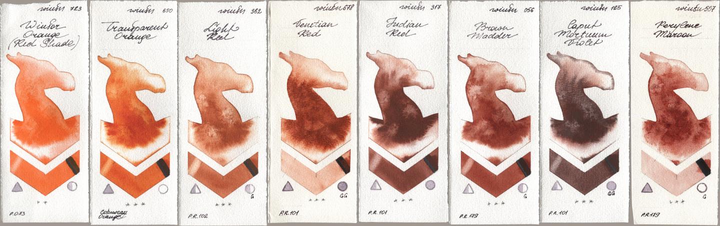 Winsor & Newton Professional 723 Winsor Orange (Red Shade), 650 Transparent Orange, 362 Light Red, 678 Venetian Red, 317 Indian Red, 056 Brown Madder, 125 Caput Mortuum Violet, 507 Perylene Maro watercolor swatch
