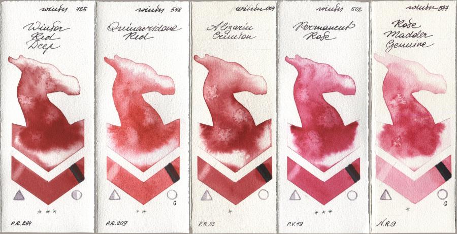 Winsor & Newton Professional 725 Winsor Red Deep, 548 Quinacridone Red, 004 Alizarin Crimson, 502 Permanent Rose, 587 Rose Madder Genui watercolor swatch