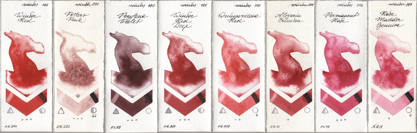 Winsor & Newton Professional 726 Winsor Red, 537 Potters Pink, 470 Perylene Violet, 725 Winsor Red Deep, 548 Quinacridone Red, 004 Alizarin Crimson, 502 Permanent Rose, 587 Rose Madder Genui watercolor swatch
