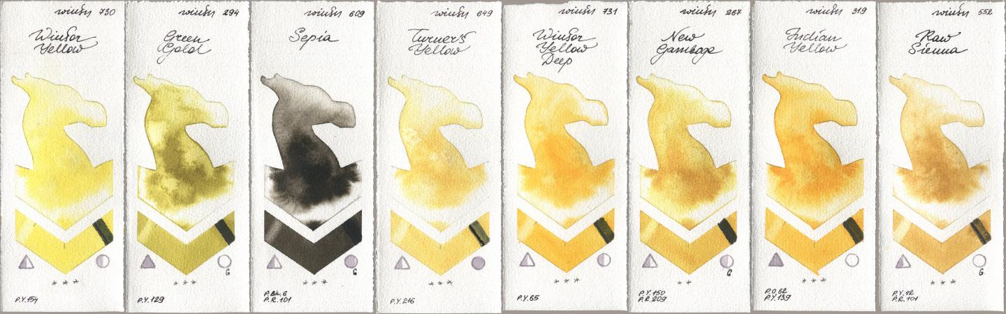 Winsor & Newton Professional 730 Winsor Yellow, 294 Green Gold, 609 Sepia, 649 Turners Yellow, 731 Winsor Yellow Deep, 267 New Gamboge, 319 Indian Yellow, 552 Raw Sien watercolor swatch