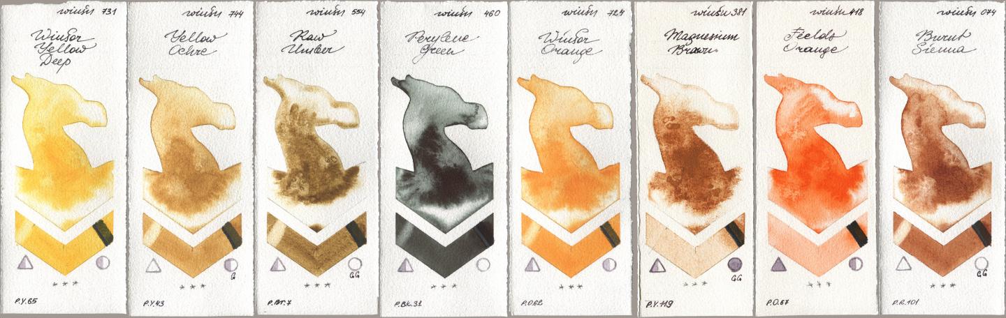 Winsor & Newton Professional 731 Winsor Yellow Deep, 744 Yellow Ochre, 554 Raw Umber, 460 Perylene Green, 724 Winsor Orange, 381 Magnesuim Brown, 418 Fields Orange, 074 Burnt Sien watercolor swatch