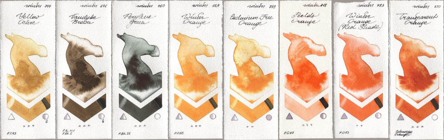 Winsor & Newton Professional 744 Yellow Ochre, 676 Vandyke Brown, 460 Perylene Green, 724 Winsor Orange, 899 Cadmium-Free Orange, 418 Fields Orange, 723 Winsor Orange (Red Shade), 650 Transparent Oran watercolor swatch