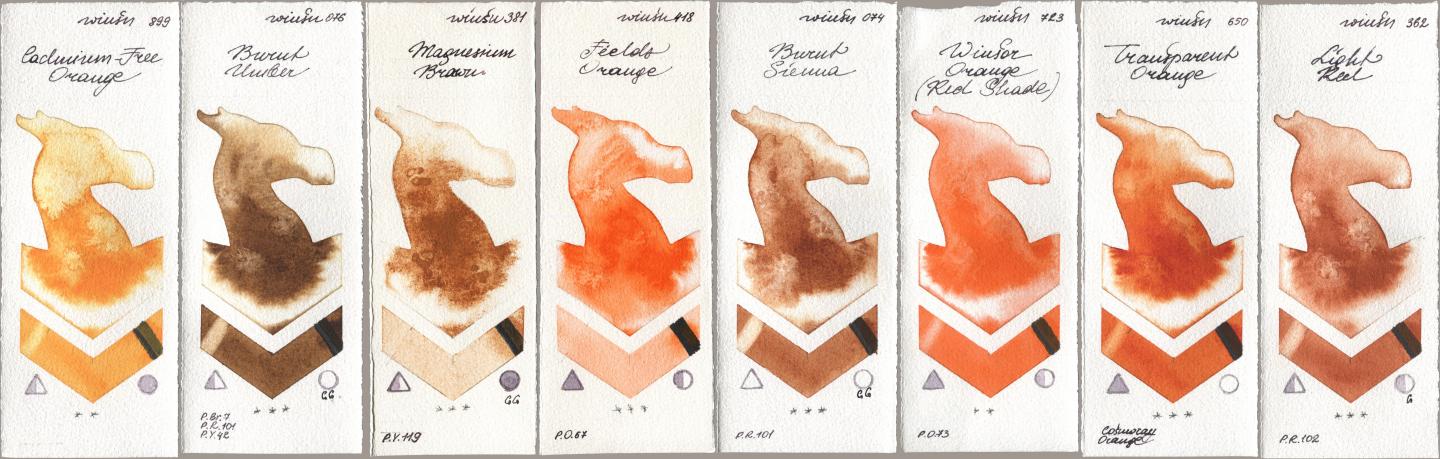 Winsor & Newton Professional 899 Cadmium-Free Orange, 076 Burnt Umber, 381 Magnesuim Brown, 418 Fields Orange, 074 Burnt Sienna, 723 Winsor Orange (Red Shade), 650 Transparent Orange, 362 Light R watercolor swatch