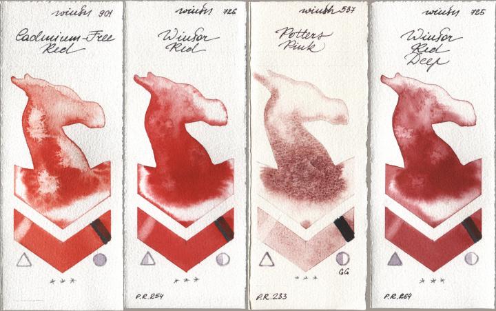 Winsor & Newton Professional 901 Cadmium-Free Red, 726 Winsor Red, 537 Potters Pink, 725 Winsor Red De watercolor swatch
