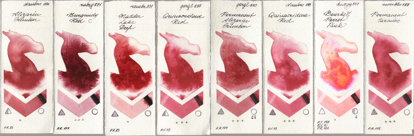 Daniel Smith 004 Alizarin Crimson, Rosa Gallery 781 Burgundy Red, Royal Talens Rembrandt Watercolour 331 Madder Lake Deep, Golden QOR 235 Quinacridone Red, 240 Permanent Alizarin Crimson, 091 Quinacridone Red, Holbein Artists Watercolor 501 Bourkes Parrot Pink, Maimeri Blu 167 Permanent Carmi watercolor swatch
