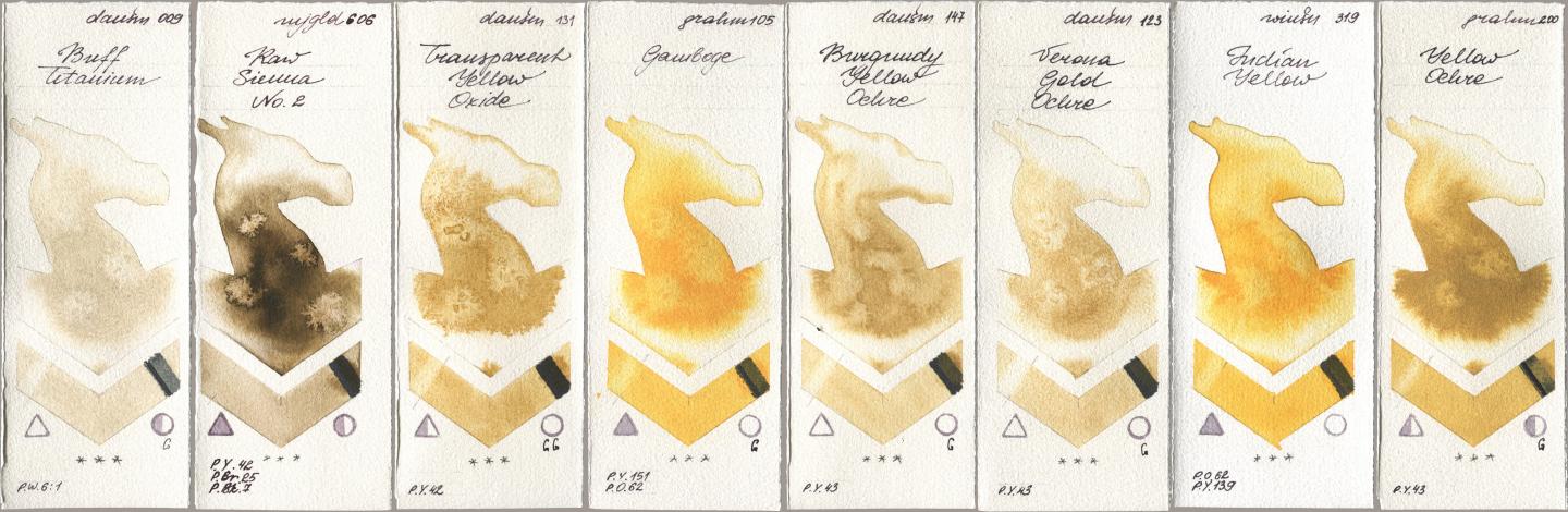 Daniel Smith 009 Buff Titanium, Mijello Mission Gold 606 Raw Sienna No 2, 131 Transparent Yellow Oxide, M. Graham & Co. Artists 105 Gamboge, 147 Burgundy Yellow Ochre, 123 Verona Gold Ochre, Winsor & Newton Professional 319 Indian Yellow, 200 Yellow Och watercolor swatch
