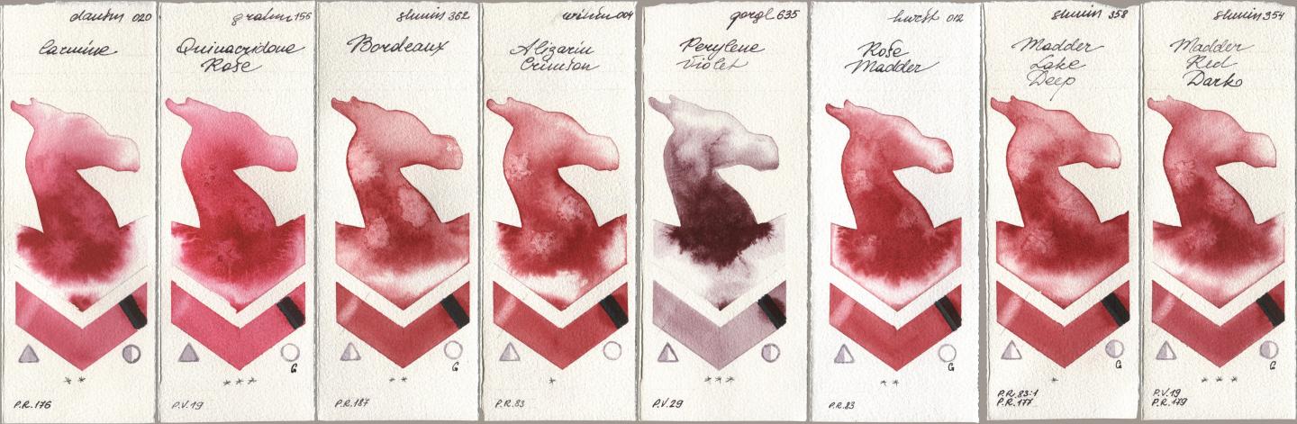 Daniel Smith 020 Carmine, M. Graham & Co. Artists 156 Quinacridone Rose, Shminke Horadam Aquarell 362 Bordeaux, Winsor & Newton Professional 004 Alizarin Crimson, Golden QOR 635 Perylene Violet, Holbein Artists Watercolor 012 Rose Madder, 358 Madder Lake Deep, 354 Madder Red Da watercolor swatch