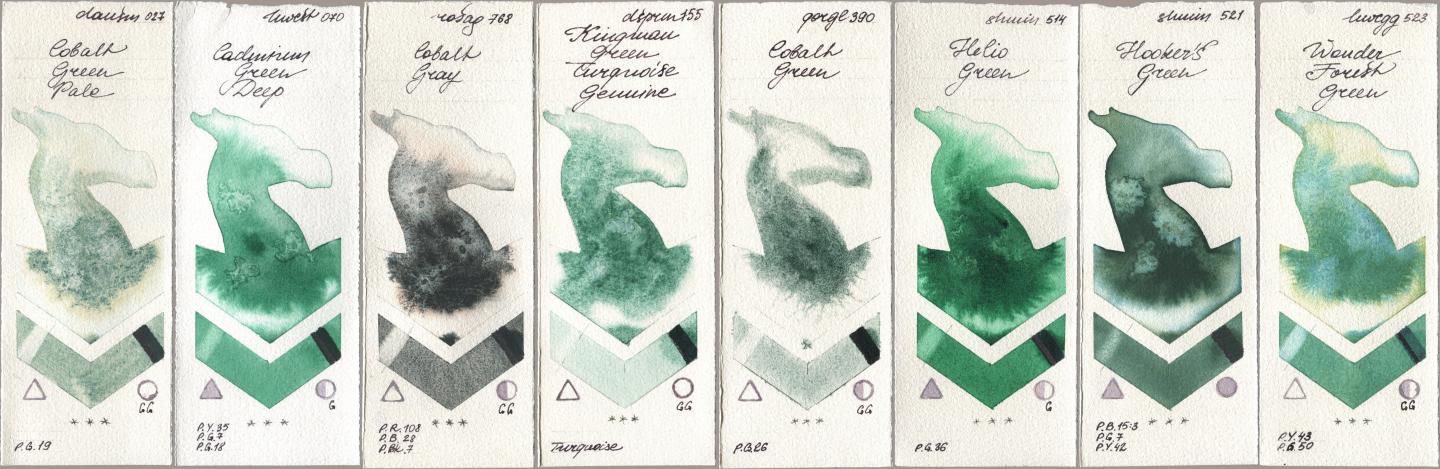 Daniel Smith 027 Cobalt Green Pale, Holbein Artists Watercolor 070 Cadmium Green Deep, Rosa Gallery 768 Cobalt Gray, 155 Kingman Green Turquoise Genuine, Golden QOR 390 Cobalt Green, Shminke Horadam Aquarell 514 Helio Green, 521 Hookers Green, 523 Wonder Forest Gre watercolor swatch