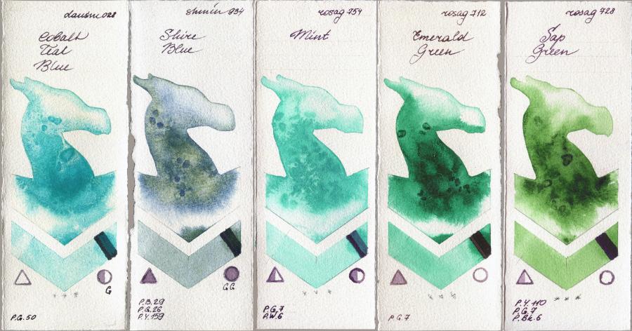 Daniel Smith 028 Cobalt Teal Blue vs Shminke Horadam Aquarell 934 Shire Blue vs Rosa Gallery 754 Mint vs 712 Emerald Green vs 728 Sap Green watercolor swatch