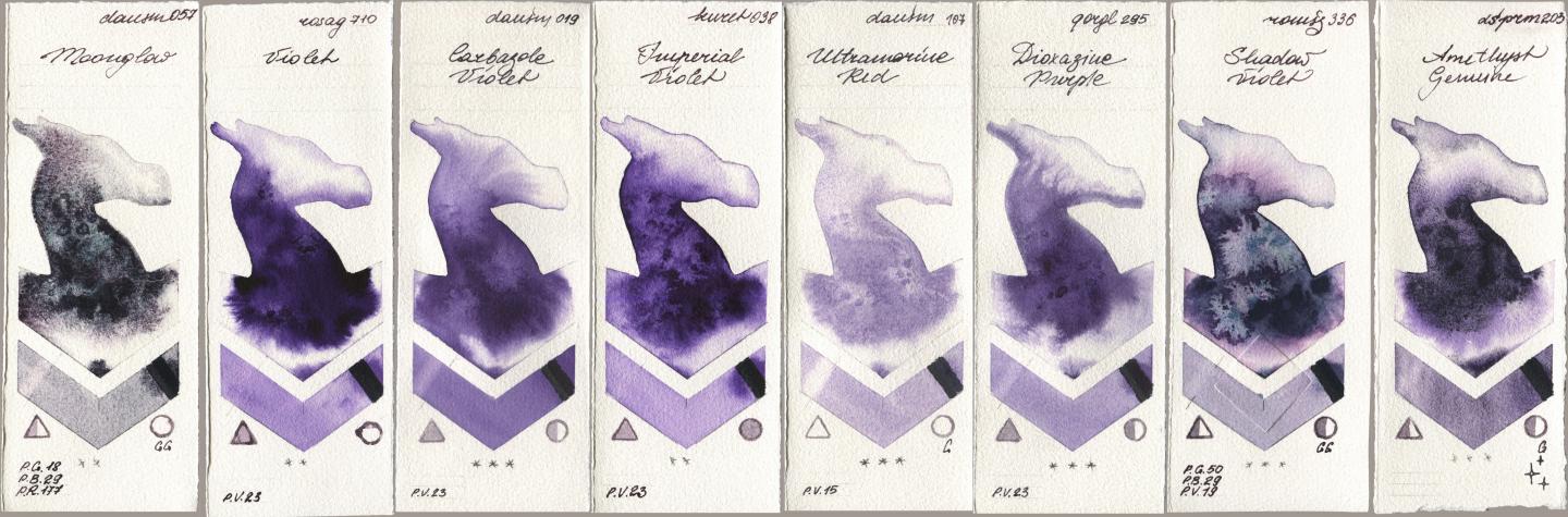 Daniel Smith 057 Moonglow, Rosa Gallery 710 Violet, 019 Carbazole Violet, Kuretake Gansai Tambi 038 Imperial Violet, 107 Ultramarine Red, Golden QOR 295 Dioxazine Purple, Roman Szmal Aquarius 336 Shadow Violet, 203 Amethyst Genui watercolor swatch