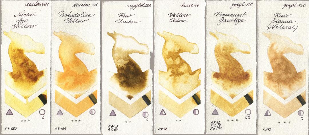 Daniel Smith 061 Nickel Azo Yellow, 218 Isoindoline Yellow, Mijello Mission Gold 563 Raw Umber, Kuretake Gansai Tambi 044 Yellow Ochre, Golden QOR 150 Permanent Gamboge, 450 Raw Sienna (Natura watercolor swatch