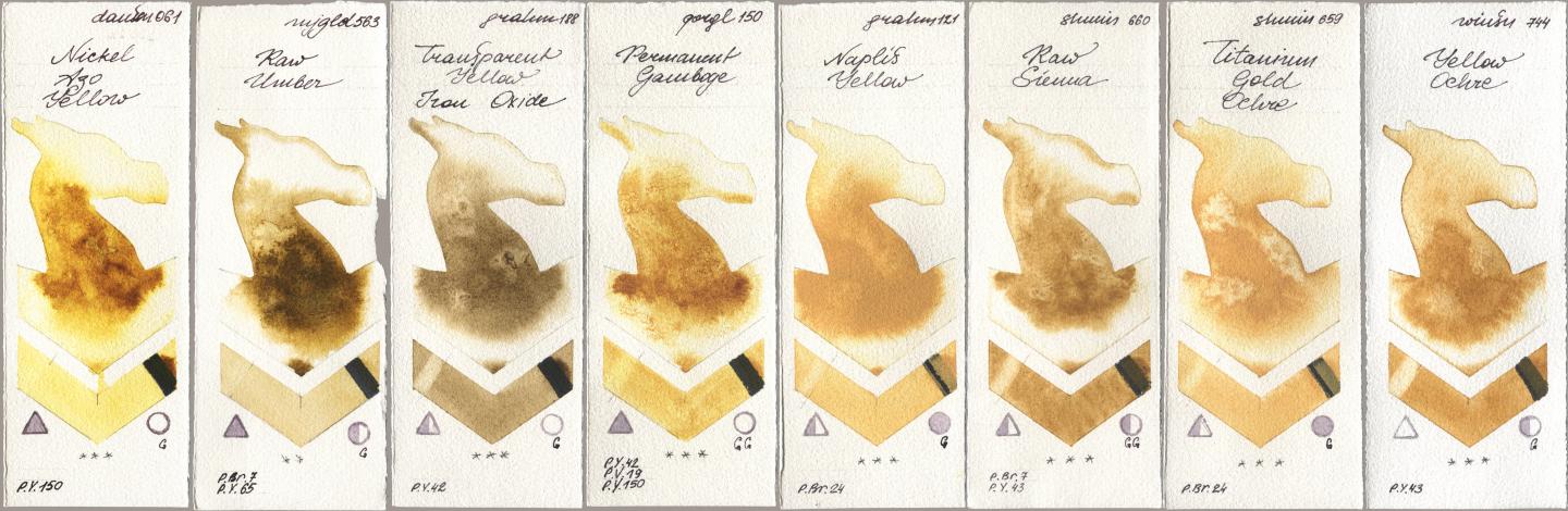 Daniel Smith 061 Nickel Azo Yellow, Mijello Mission Gold 563 Raw Umber, M. Graham & Co. Artists 188 Transparent Yellow Iron Oxide, Golden QOR 150 Permanent Gamboge, 121 Naples Yellow, Shminke Horadam Aquarell 660 Raw Sienna, 659 Titanium Gold Ochre, Winsor & Newton Professional 744 Yellow Och watercolor swatch