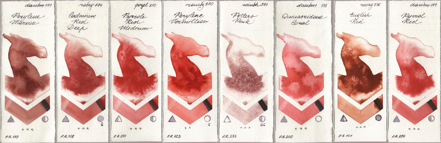 Daniel Smith 074 Perylene Maroon, Rosa Gallery 774 Cadmium Red Deep, Golden QOR 210 Pyrrole Red Medium, Roman Szmal Aquarius 370 Perylene Vermillion, Winsor & Newton Professional 537 Potters Pink, 088 Quinacridone Coral, 736 English Red, 084 Pyrrol R watercolor swatch