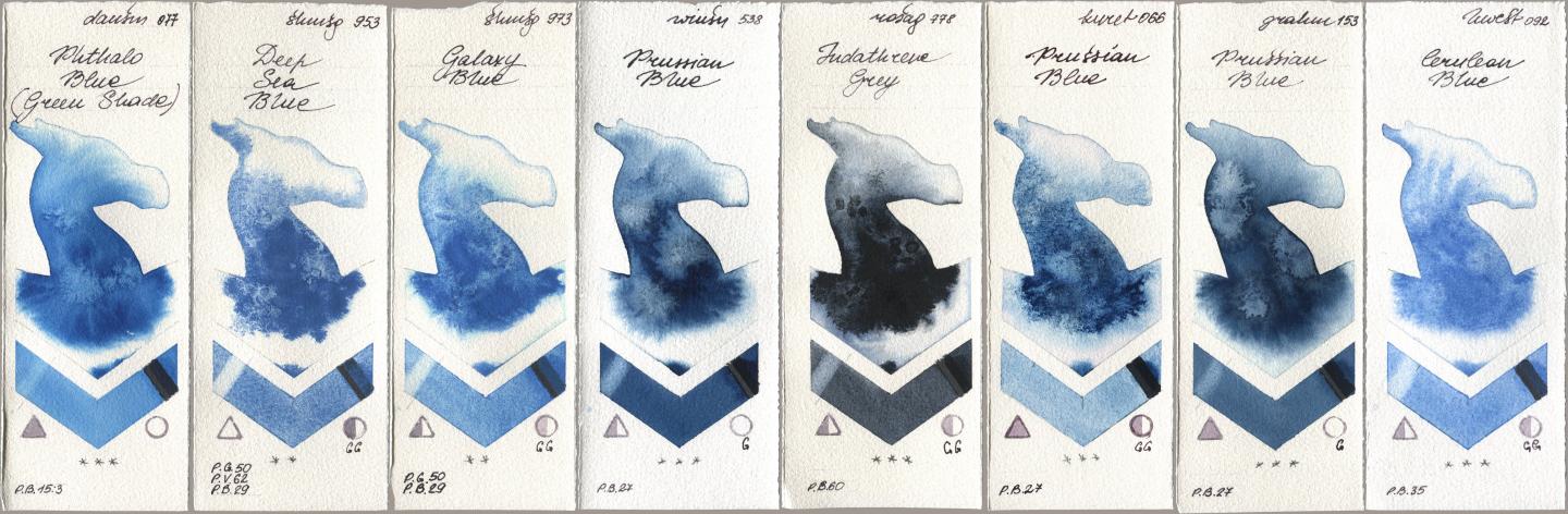 Daniel Smith 077 Phthalo Blue (Green Shade), Shminke Horadam Aquarell 953 Deep Sea Blue, 973 Galaxy Blue, Winsor & Newton Professional 538 Prussian Blue, Rosa Gallery 778 Indanthrene Grey, Kuretake Gansai Tambi 066 Prussian Blue, M. Graham & Co. Artists 153 Prussian Blue, Holbein Artists Watercolor 092 Cerulean Bl watercolor swatch
