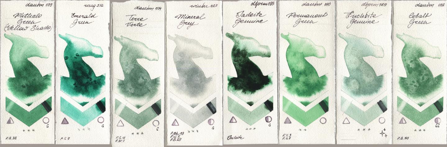 Daniel Smith 079 Phthalo Green (Yellow Shade), Rosa Gallery 712 Emerald Green, 104 Terre Verte, Winsor & Newton Professional 427 Mineral Grey, 195 Jadeite Genuine, 070 Permanent Green, 169 Fuchsite Genuine, 026 Cobalt Gre watercolor swatch