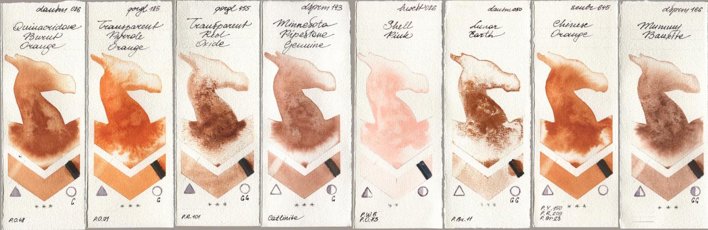 Daniel Smith 086 Quinacridone Burnt Orange, Golden QOR 185 Transparent Pyrrole Orange, 455 Transparent Red Oxide, 143 Minnesota Pipestone Genuine, Holbein Artists Watercolor 026 Shell Pink, 050 Lunar Earth, Sennelier l Aquarelle 645 Chinese Orange, 166 Mummy Bauxi watercolor swatch