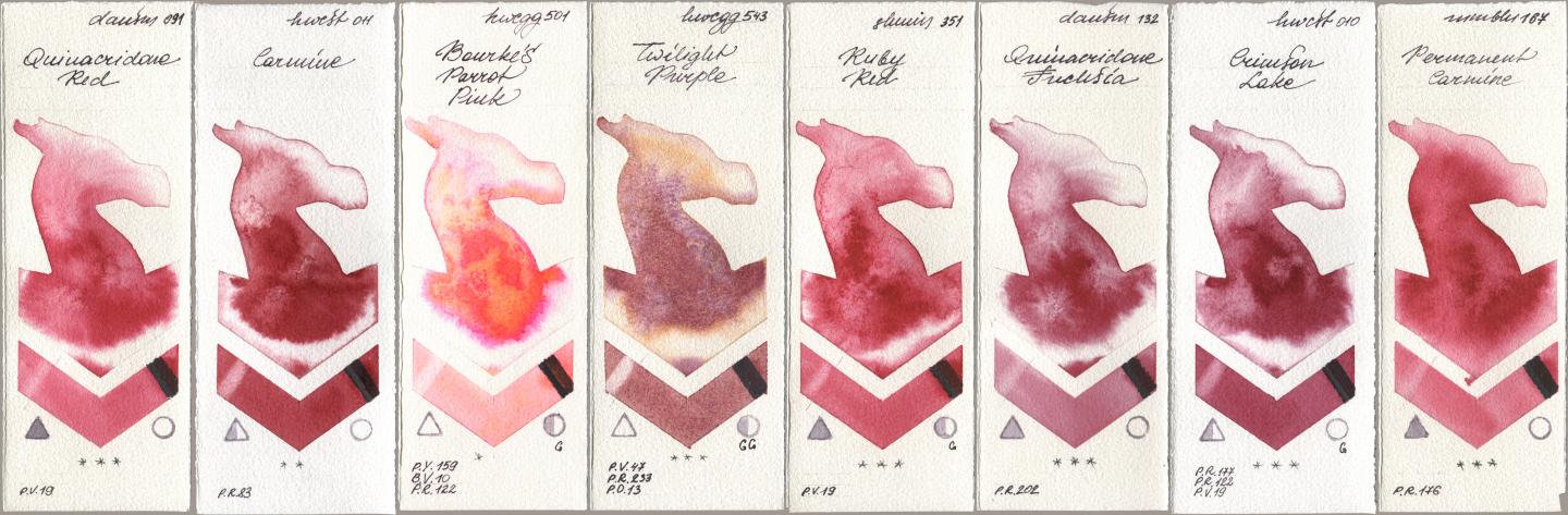 Daniel Smith 091 Quinacridone Red, Holbein Artists Watercolor 011 Carmine, 501 Bourkes Parrot Pink, 543 Twilight Purple, Shminke Horadam Aquarell 351 Ruby Red, 132 Quinacridone Fuchsia, 010 Crimson Lake, Maimeri Blu 167 Permanent Carmi watercolor swatch