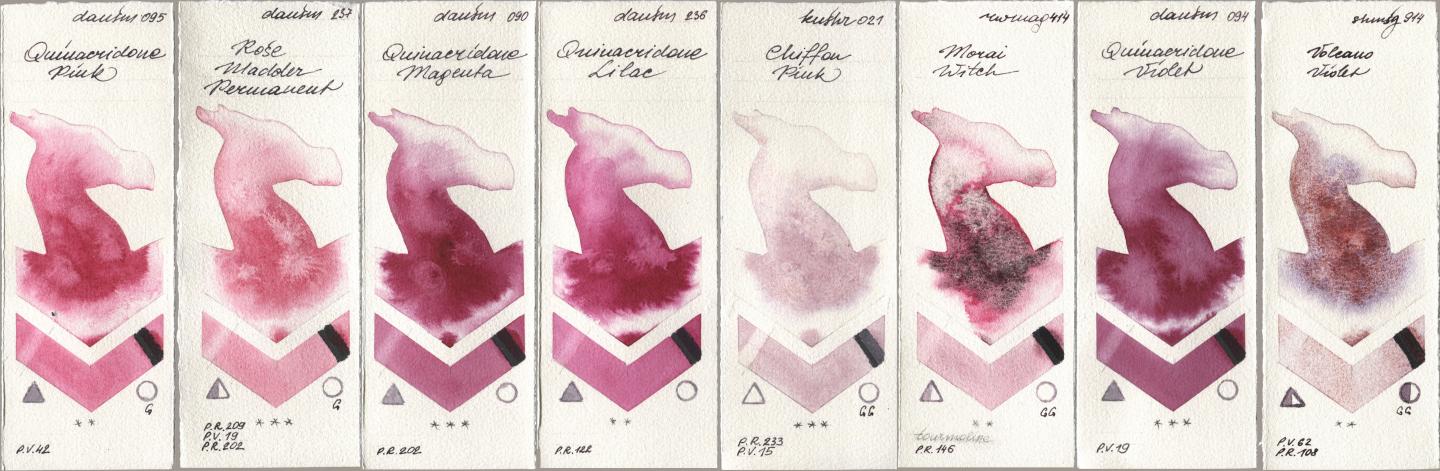 Daniel Smith 095 Quinacridone Pink, 237 Rose Madder Permanent, 090 Quinacridone Magenta, 236 Quinacridone Lilac, Kusakabe 021 Chiffon Pink, Rockwell 414 Morai Witch, 094 Quinacridone Violet, Shminke Horadam Aquarell 914 Volcano Viol watercolor swatch