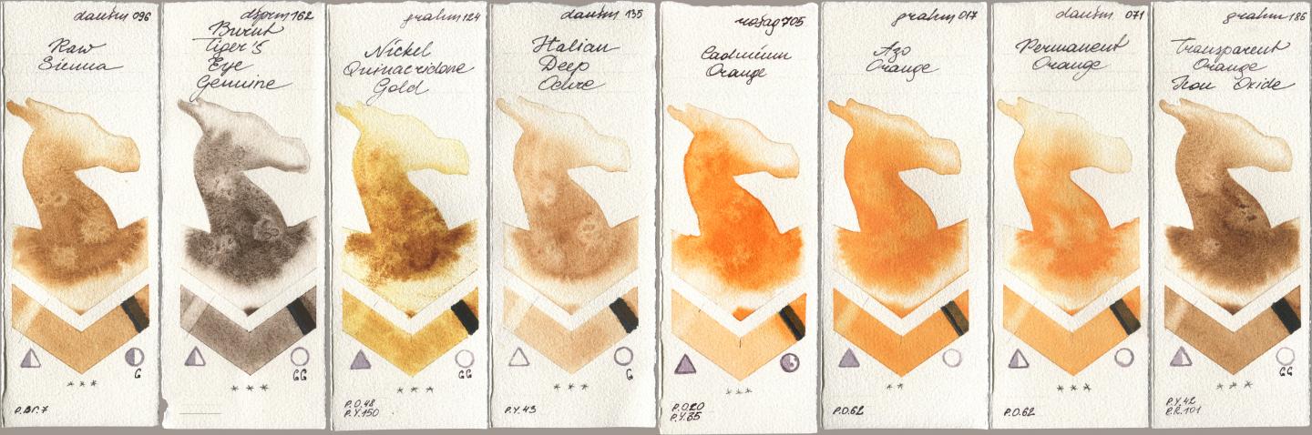 Daniel Smith 096 Raw Sienna, 162 Burnt Tigers Eye Genuine, M. Graham & Co. Artists 124 Nickel Quinacridone Gold, 135 Italian Deep Ochre, Rosa Gallery 705 Cadmium Orange, 017 Azo Orange, 071 Permanent Orange, 186 Transparent Orange Iron Oxi watercolor swatch