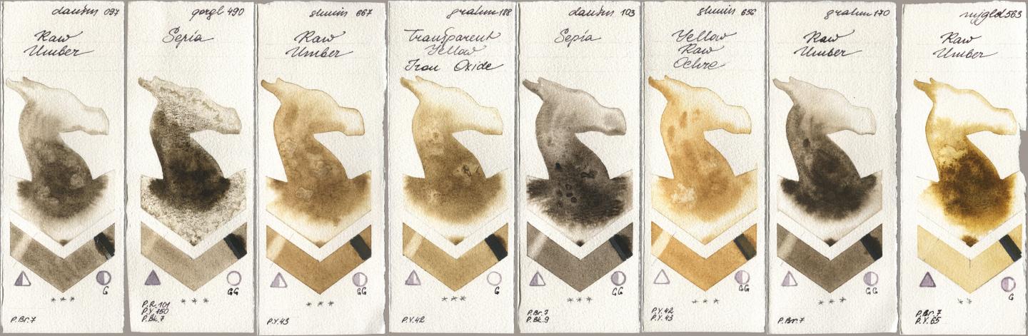 Daniel Smith 097 Raw Umber, Golden QOR 490 Sepia, Shminke Horadam Aquarell 667 Raw Umber, M. Graham & Co. Artists 188 Transparent Yellow Iron Oxide, 103 Sepia, 656 Yellow Raw Ochre, 170 Raw Umber, Mijello Mission Gold 563 Raw Umb watercolor swatch