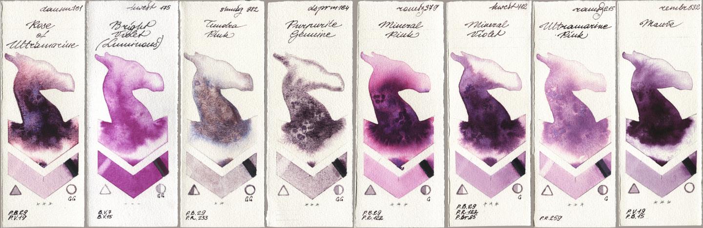 Daniel Smith 101 Rose of Ultramarine, Holbein Artists Watercolor 175 Bright Violet (Luminous), Shminke Horadam Aquarell 982 Tundra Pink, 164 Purpurite Genuine, Roman Szmal Aquarius 379 Mineral Pink, 112 Mineral Violet, 215 Ultramarine Pink, Royal Talens Rembrandt Watercolour 532 Mau watercolor swatch
