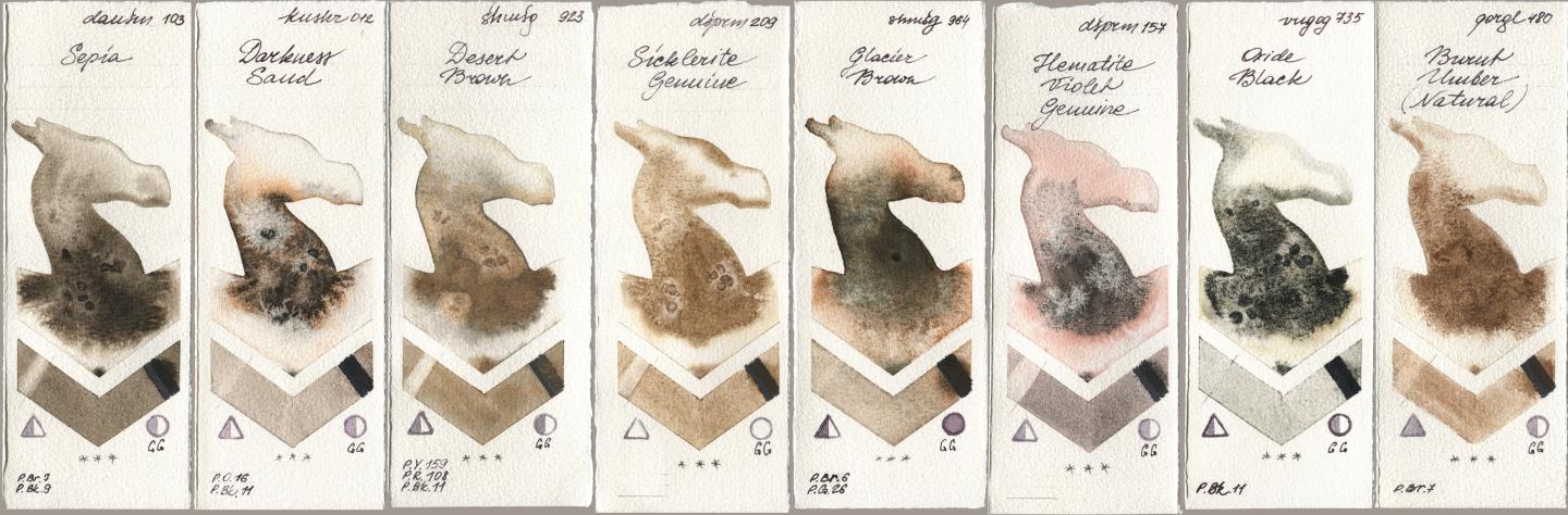 Daniel Smith 103 Sepia, Kusakabe 012 Darkness Sand, Shminke Horadam Aquarell 923 Desert Brown, 209 Sicklerite Genuine, 964 Glacier Brown, 157 Hematite Violet Genuine, Royal Talens Van Gogh Watercolour 735 Oxide Black, Golden QOR 480 Burnt Umber (Natura watercolor swatch