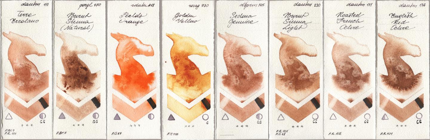Daniel Smith 117 Terre Ercolano, Golden QOR 470 Burnt Sienna (Natural), Winsor & Newton Professional 418 Fields Orange, Rosa Gallery 730 Golden Yellow, 145 Sedona Genuine, 230 Burnt Sienna Light, 171 Roasted French Ochre, 136 English Red Och watercolor swatch