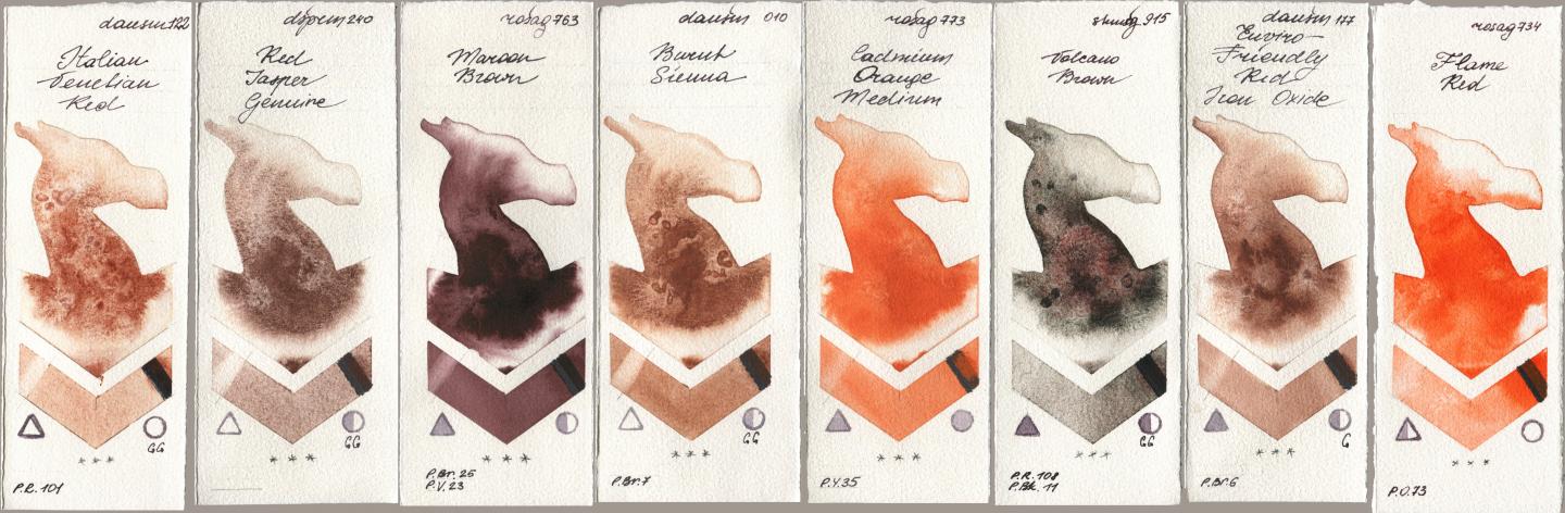 Daniel Smith 122 Italian Venetian Red, 240 Red Jasper Genuine, Rosa Gallery 763 Maroon Brown, 010 Burnt Sienna, 773 Cadmium Orange Medium, Shminke Horadam Aquarell 915 Volcano Brown, 177 Enviro-Friendly Red Iron Oxide, 734 Flame R watercolor swatch