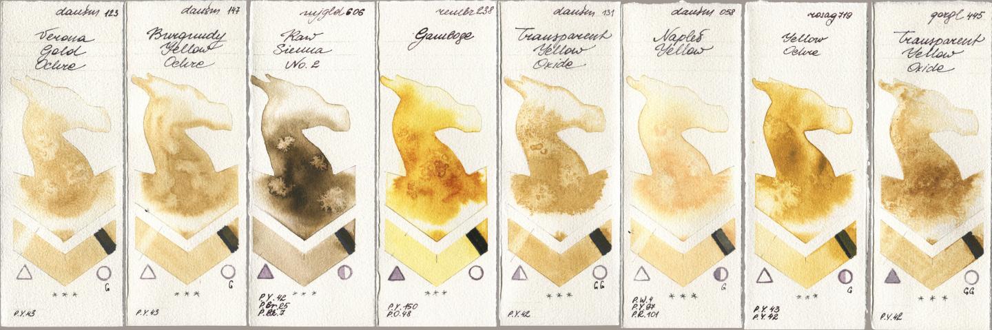 Daniel Smith 123 Verona Gold Ochre, 147 Burgundy Yellow Ochre, Mijello Mission Gold 606 Raw Sienna No 2, Royal Talens Rembrandt Watercolour 238 Gamboge, 131 Transparent Yellow Oxide, 058 Naples Yellow, Rosa Gallery 719 Yellow Ochre, Golden QOR 445 Transparent Yellow Oxi watercolor swatch