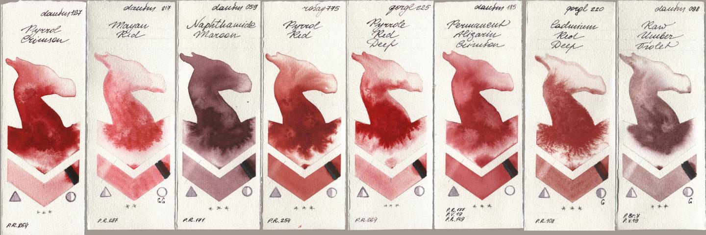 Daniel Smith 127 Pyrrol Crimson, 217 Mayan Red, 059 Naphthamide Maroon, Rosa Gallery 775 Pyrrole Red, Golden QOR 225 Pyrrole Red Deep, 185 Permanent Alizarin Crimson, 220 Cadmium Red Deep, 098 Raw Umber Viol watercolor swatch