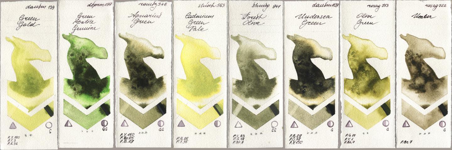 Daniel Smith 139 Green Gold, 197 Green Apatite Genuine, Roman Szmal Aquarius 346 Aquarius Green, Shinhan PWC 563 Cadmium Green Pale, Shminke Horadam Aquarell 941 Forest Olive, 109 Undersea Green, Rosa Gallery 713 Olive Green, 722 Umb watercolor swatch