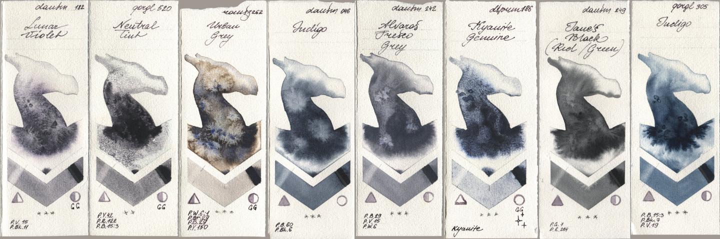 Daniel Smith 182 Lunar Violet, Golden QOR 520 Neutral Tint, Roman Szmal Aquarius 262 Urban Grey, 046 Indigo, 242 Alvaros Fresco Grey, 186 Kyanite Genuine, 249 Janes Black (Red/Green), 305 Indi watercolor swatch