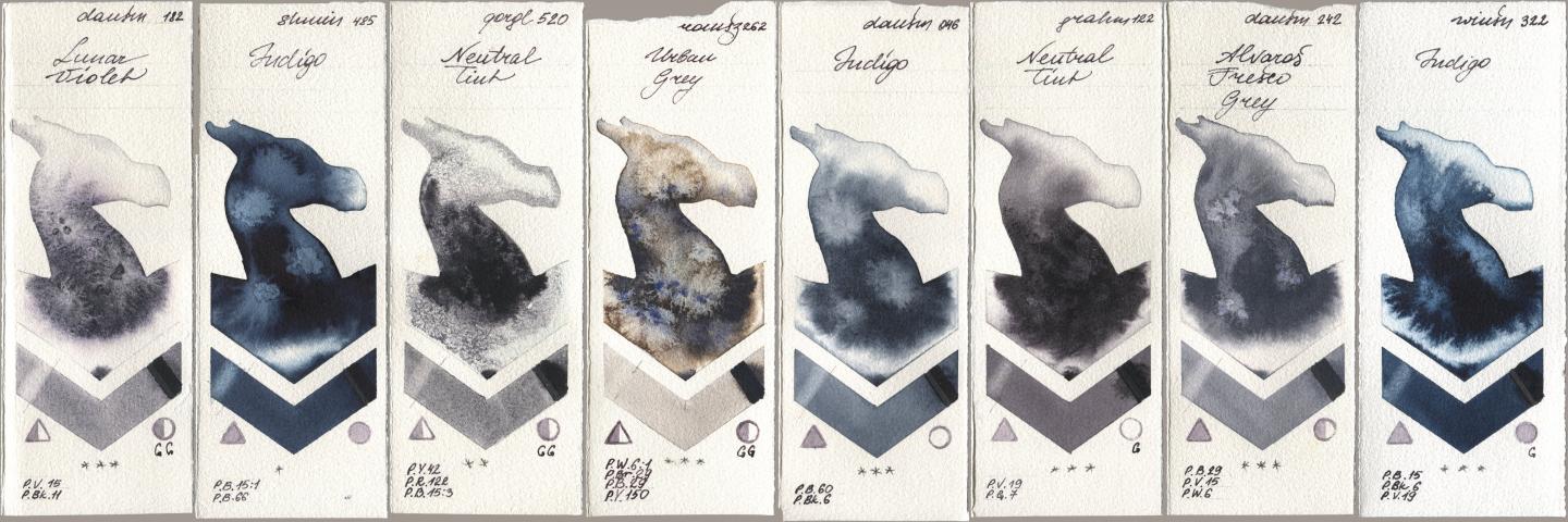 Daniel Smith 182 Lunar Violet, Shminke Horadam Aquarell 485 Indigo, Golden QOR 520 Neutral Tint, Roman Szmal Aquarius 262 Urban Grey, 046 Indigo, M. Graham & Co. Artists 122 Neutral Tint, 242 Alvaros Fresco Grey, Winsor & Newton Professional 322 Indi watercolor swatch