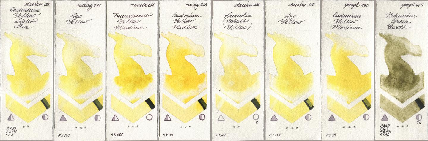 Daniel Smith 192 Cadmium Yellow Light Hue, Rosa Gallery 771 Azo Yellow, Royal Talens Rembrandt Watercolour 272 Transparent Yellow Medium, 703 Cadmium Yellow Medium, 006 Aureolin (Cobalt Yellow), 215 Azo Yellow, Golden QOR 130 Cadmium Yellow Medium, 415 Bohemian Green Ear watercolor swatch