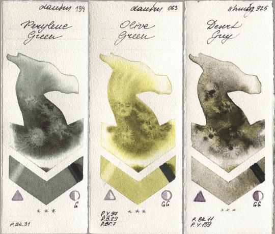 Daniel Smith 194 Perylene Green, 063 Olive Green, Shminke Horadam Aquarell 925 Desert Gr watercolor swatch