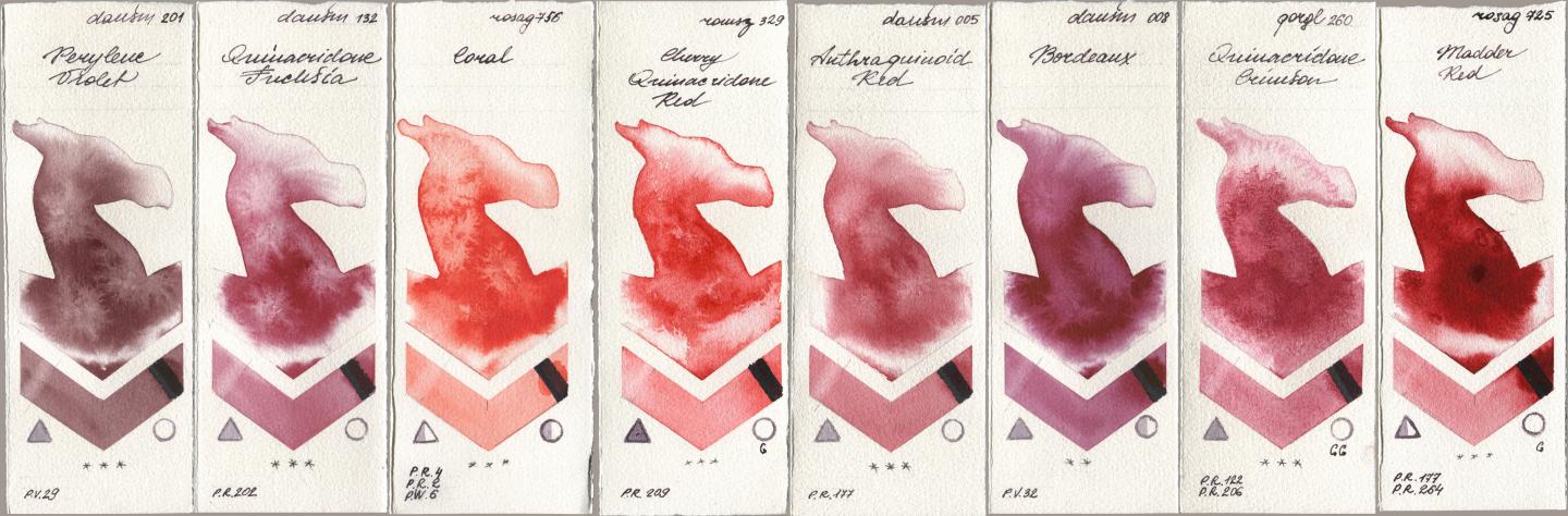 Daniel Smith 201 Perylene Violet, 132 Quinacridone Fuchsia, Rosa Gallery 756 Coral, Roman Szmal Aquarius 329 Cherry Quinacridone Red, 005 Anthraquinoid Red, 008 Bordeaux, Golden QOR 260 Quinacridone Crimson, 725 Madder R watercolor swatch