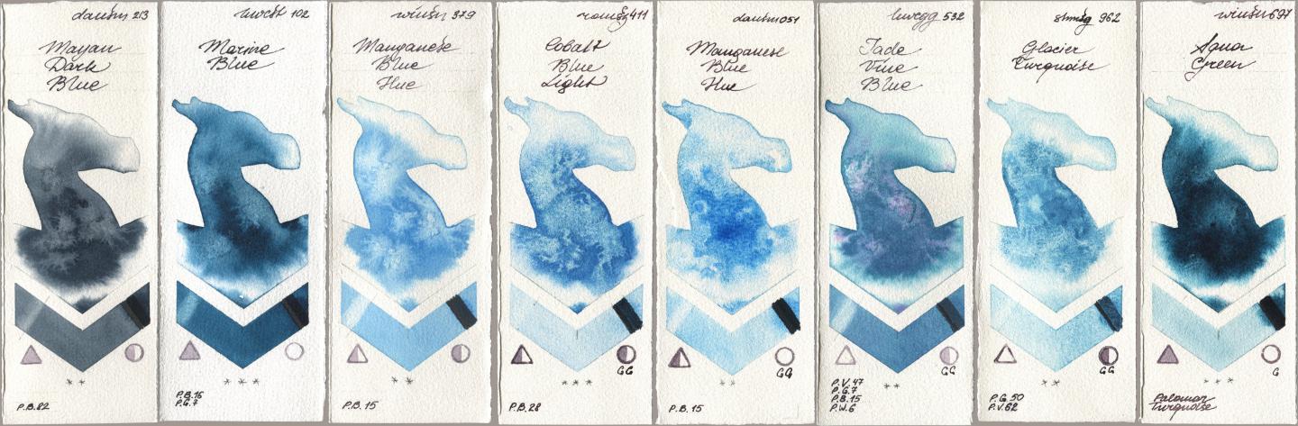 Daniel Smith 213 Mayan Dark Blue, Holbein Artists Watercolor 102 Marine Blue, Winsor & Newton Professional 379 Manganese Blue Hue, Roman Szmal Aquarius 411 Cobalt Blue Light, 051 Manganese Blue Hue, 532 Jade Vine Blue, Shminke Horadam Aquarell 962 Glacier Turquoise, 697 Aqua Gre watercolor swatch