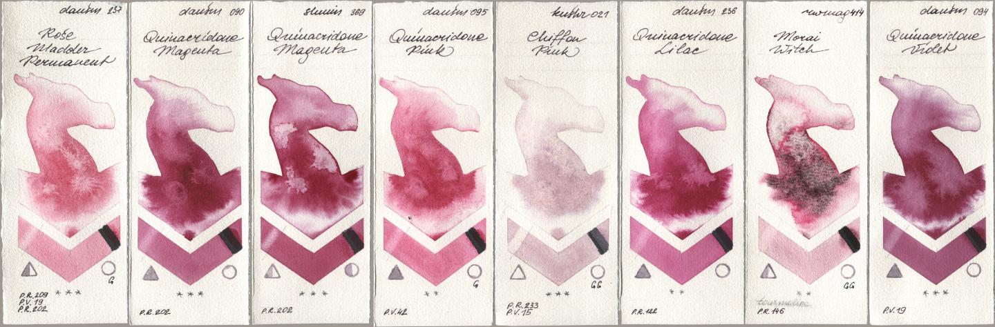 Daniel Smith 237 Rose Madder Permanent, 090 Quinacridone Magenta, Shminke Horadam Aquarell 369 Quinacridone Magenta, 095 Quinacridone Pink, Kusakabe 021 Chiffon Pink, 236 Quinacridone Lilac, Rockwell 414 Morai Witch, 094 Quinacridone Viol watercolor swatch