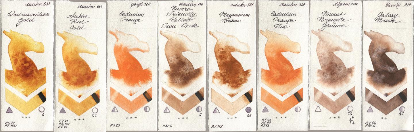 Daniel Smith 238 Quinacridone Gold, 234 Aussie Red Gold, Golden QOR 180 Cadmium Orange, 176 Enviro-Friendly Yellow Iron Oxide, Winsor & Newton Professional 381 Magnesuim Brown, 220 Cadmium Orange Hue, 204 Burnt Bronzite Genuine, Shminke Horadam Aquarell 974 Galaxy Bro watercolor swatch