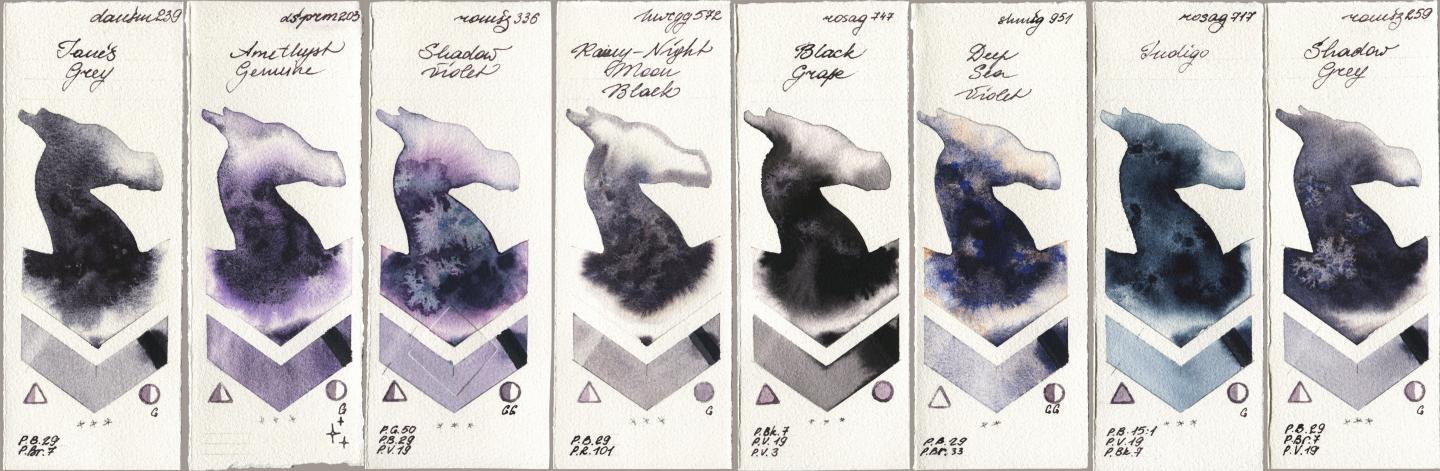 Daniel Smith 239 Janes Grey, 203 Amethyst Genuine, Roman Szmal Aquarius 336 Shadow Violet, Holbein Artists Watercolor 572 Rainy-Night Moon Back, Rosa Gallery 747 Black Grape, Shminke Horadam Aquarell 951 Deep Sea Violet, 717 Indigo, 259 Shadow Gr watercolor swatch