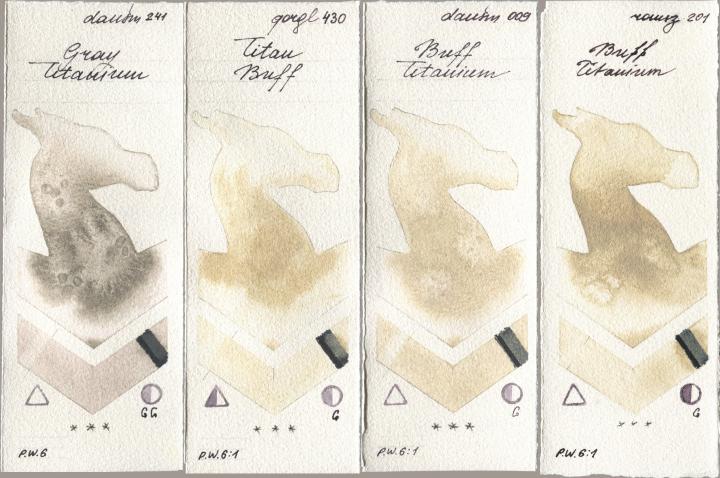 Daniel Smith 241 Gray Titanium, Golden QOR 430 Titan Buff, 009 Buff Titanium, Roman Szmal Aquarius 201 Buff Titani watercolor swatch
