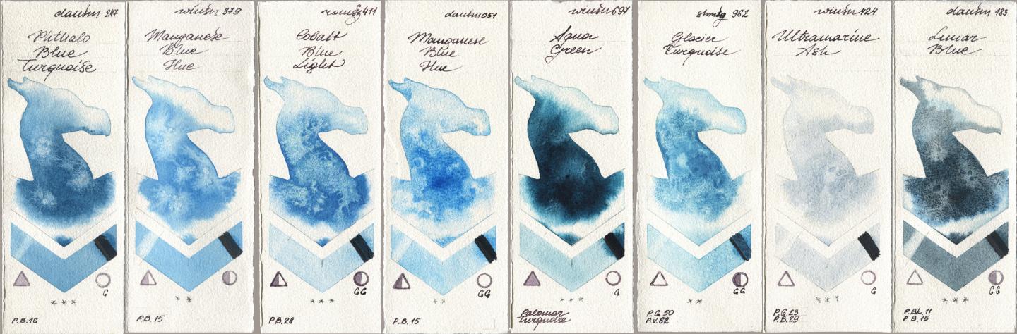 Daniel Smith 247 Phthalo Blue Turquoise, Winsor & Newton Professional 379 Manganese Blue Hue, Roman Szmal Aquarius 411 Cobalt Blue Light, 051 Manganese Blue Hue, 697 Aqua Green, Shminke Horadam Aquarell 962 Glacier Turquoise, 424 Ultramarine Ash, 183 Lunar Bl watercolor swatch