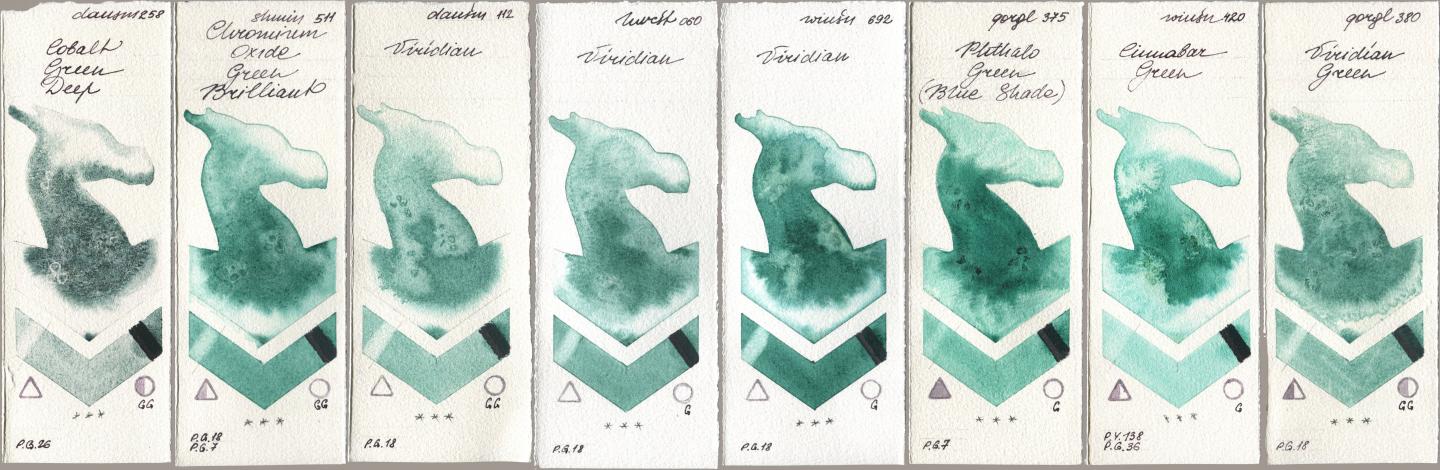 Daniel Smith 258 Cobalt Green Deep, Shminke Horadam Aquarell 511 Chromium Oxide Green Brilliant, 112 Viridian, Holbein Artists Watercolor 060 Viridian, Winsor & Newton Professional 692 Viridian, Golden QOR 375 Phthalo Green (Blue Shade), 420 Cinnabar Green, 380 Viridian Gre watercolor swatch