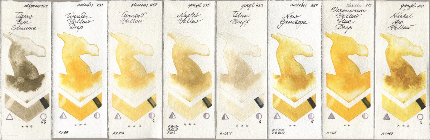 Daniel Smith 161 Tigers Eye Genuine, Winsor & Newton Professional 731 Winsor Yellow Deep, Shminke Horadam Aquarell 219 Turner‘s Yellow, Golden QOR 435 Naples Yellow, 430 Titan Buff, 267 New Gamboge, 213 Chrome Yellow Deep LF (Chromium Yellow Hue Deep), 140 Nickel Azo Yell watercolor swatch