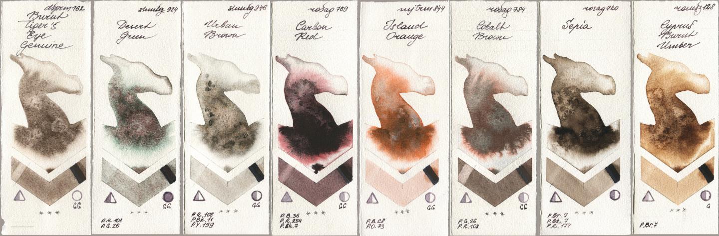 Daniel Smith 162 Burnt Tigers Eye Genuine, Shminke Horadam Aquarell 924 Desert Green, 946 Urban Brown, Rosa Gallery 769 Carbon Red, Mijello Mission Gold 844 Island Orange, 784 Cobalt Brown, 720 Sepia, Roman Szmal Aquarius 128 Cyprus Burnt Umb watercolor swatch